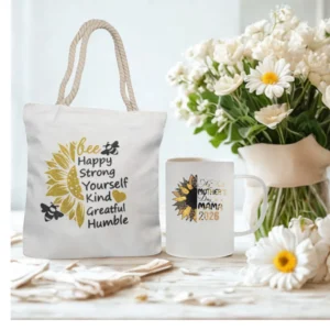 Sunflower mom gift set with rope tote bag and frosted mug featuring inspirational message design