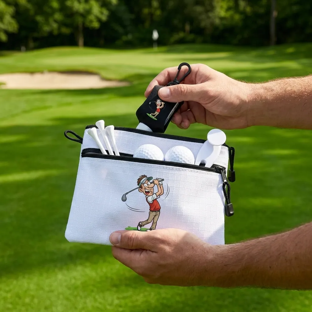 Altitude Ace golf essentials with SPF protection and compact pouch laid out