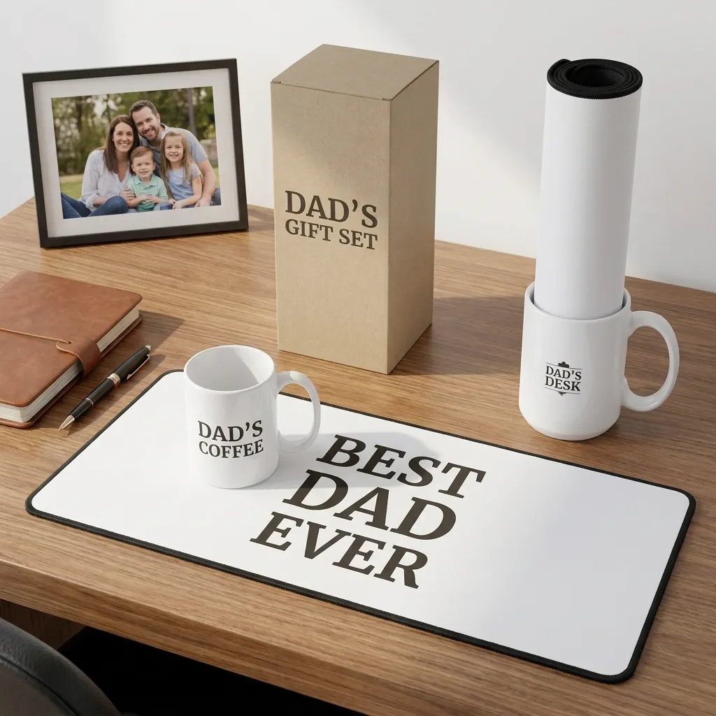 Altitude Alvin workspace gift set showing ceramic mug and full-colour desk mat