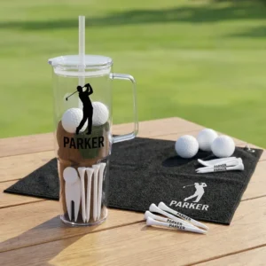 Altitude Bunker golf gift set contents including ceramic mug and golf towel - angle view