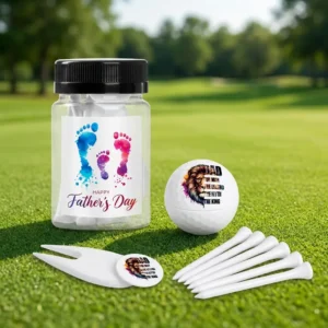 Golf gift set with SPF lip balm, divot tool and golf tees in a reusable plastic jar - Fathers Day gift