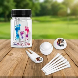 Altitude golf gift set contents showing golf tees and SPF protection close-up