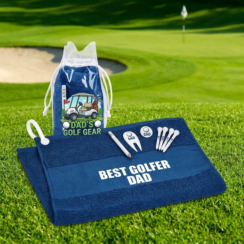 Altitude Monte Rei golf set contents including cotton towel and tees - angle view