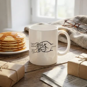 Personalized 7 oz white Father’s Day mug with black fist bump line art and custom family names
