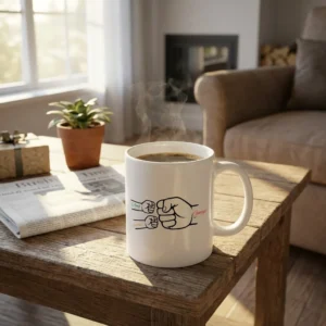 Personalized 7 oz white Father’s Day mug with colorful custom names and fist bump illustration