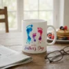 11 oz ceramic Father’s Day mug with colorful watercolor footprint design