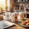 Mockup image featuring three personalized white Father’s Day mugs with family fist bump designs and custom-style artwork